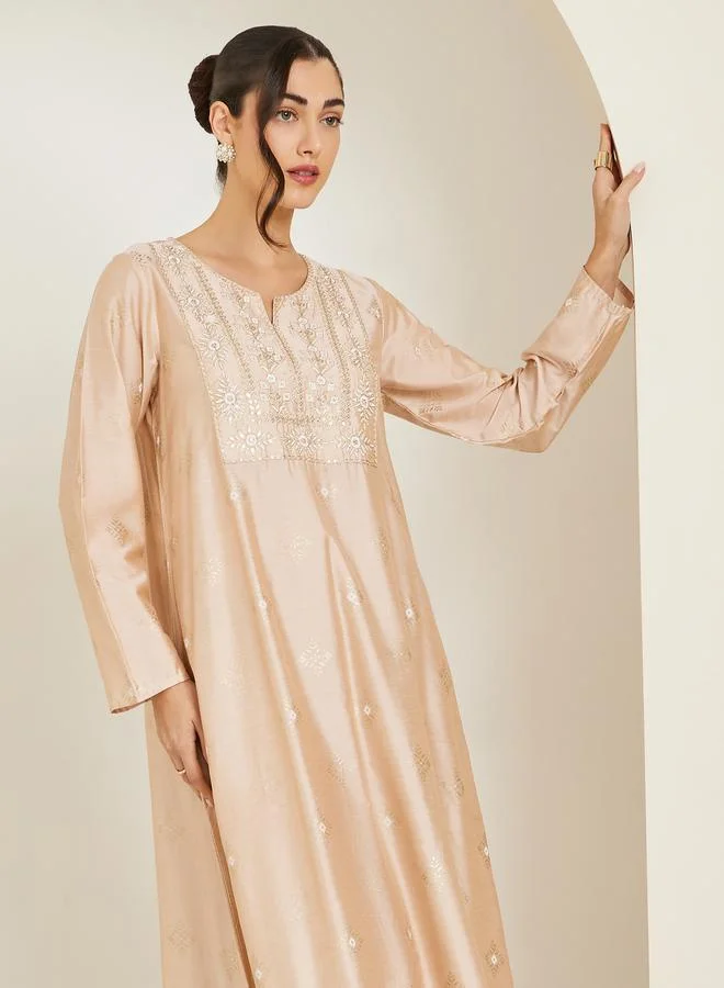 Amirah Women Beige Embroidered A-Line Jalabiya